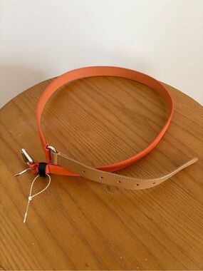 Talbots Orange and Tan Leather Belt with Silver Buckle Size L.